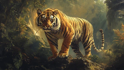 Digital painting of a Bengal tiger in luminous jungle light.