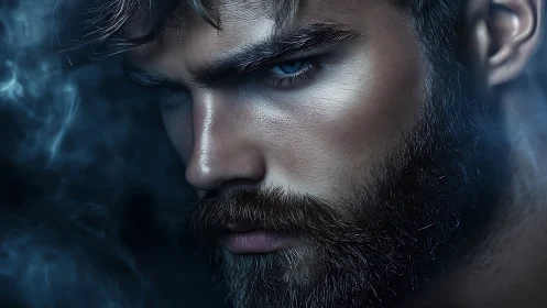 Brooding bearded man stares downward in dramatic blue haze
