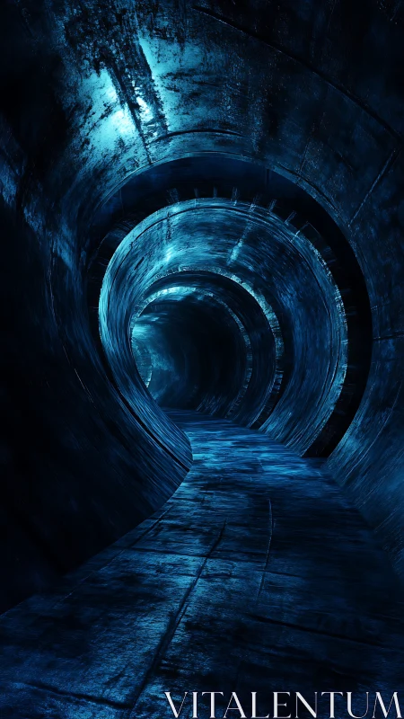 Cyan-illuminated curved tunnel with textured metallic walls.