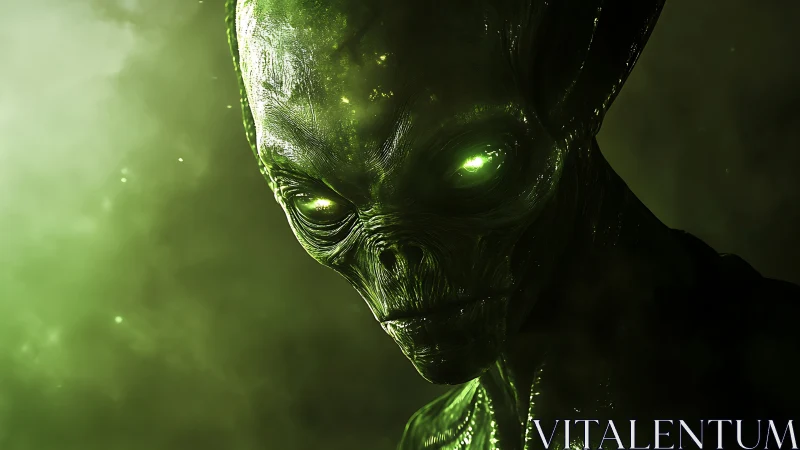 Emerald alien visage glows through dense cosmic mist.