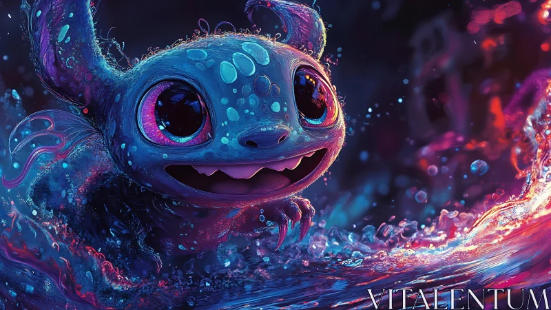 Bioluminescent aquatic creature in neon splash environment.