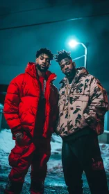 Streetwear duo dominate neon winter night portrait.
