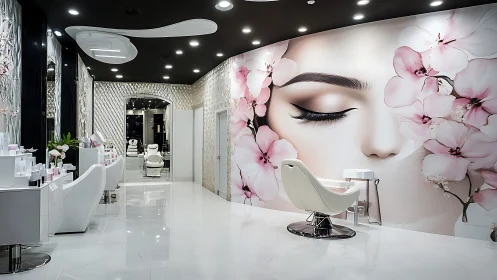 Luxury salon interior with floral beauty mural and white gloss.