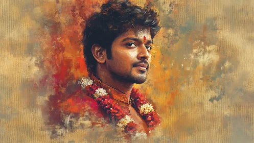 Textured digital portrait of garlanded man in warm tones.