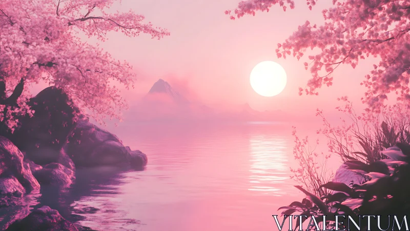 Dreamy pink lakeside sunset wrapped in cherry blossoms.