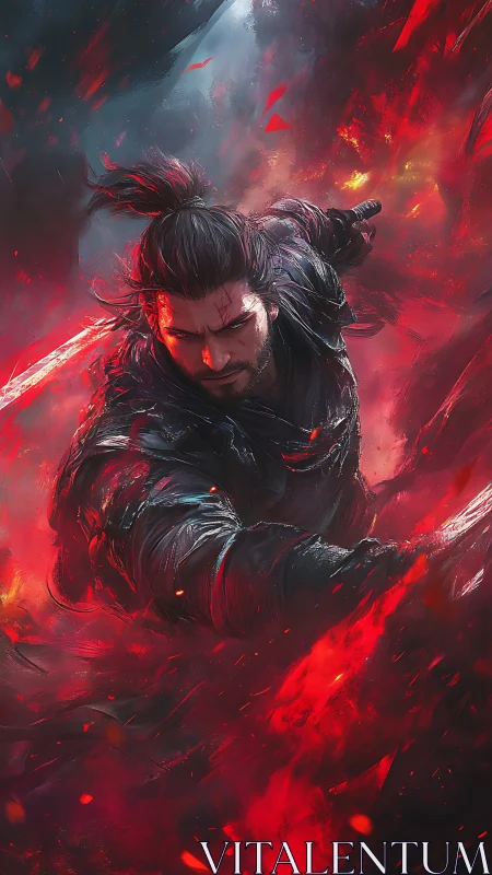 Blazing ronin carves a scarlet storm through burning night