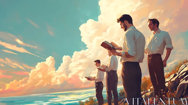 Men reading books on a coastal cliff at sunset sky.