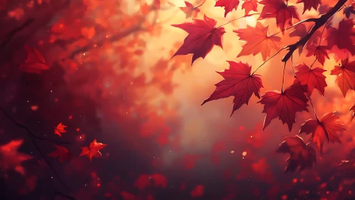Whispering autumn leaves drift through ember-tinted twilight.