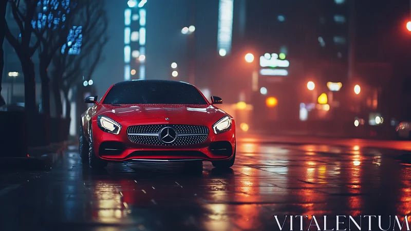 Red sports car glows on a rainy neon city street at night