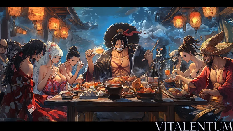 Anime warrior banquet under lantern-lit night sky.