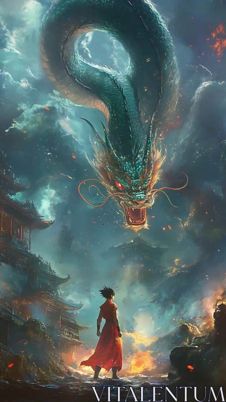 Storm-lit dragon coils above the lone red-clad challenger