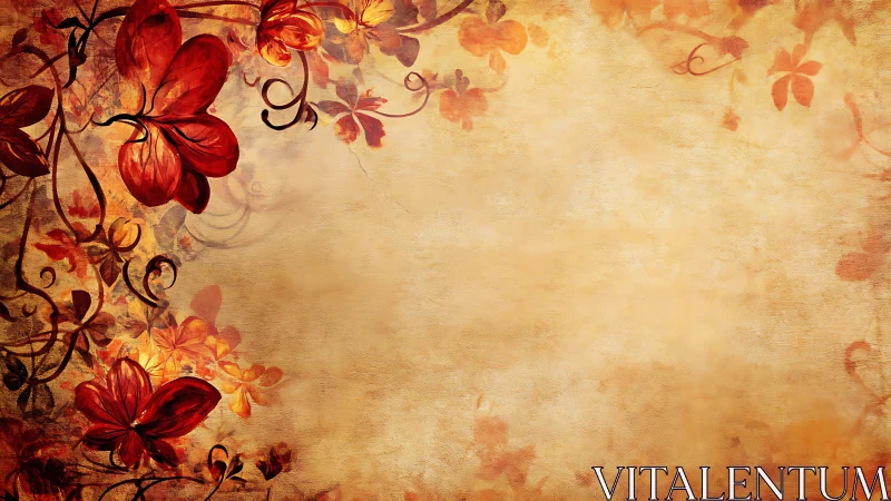 Autumnal floral scrollwork on textured parchment field.