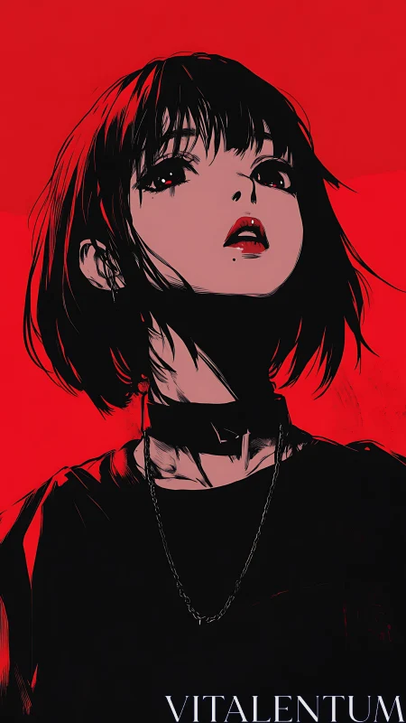 High-contrast anime portrait of goth girl in red-black field