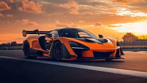 Track-optimized orange hypercar under aerothermal sunset light.
