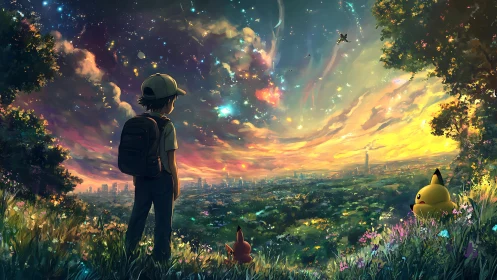 Boy and creature overlook glowing city at twilight.