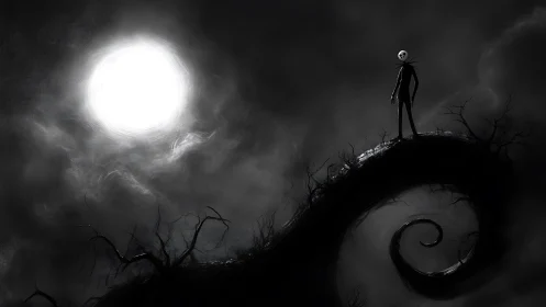 Moonlit figure stands on curved, barren branch formation