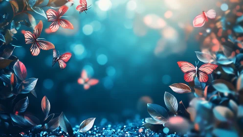 Butterflies and foliage over blue bokeh forest ground.