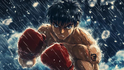 Anime boxer in fighting stance with red gloves under rainfall