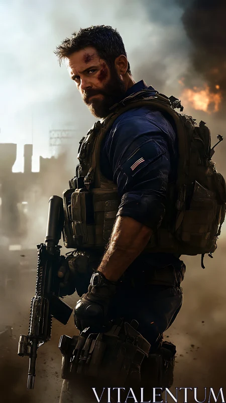 Heavily equipped soldier stands in smoky urban battlefield