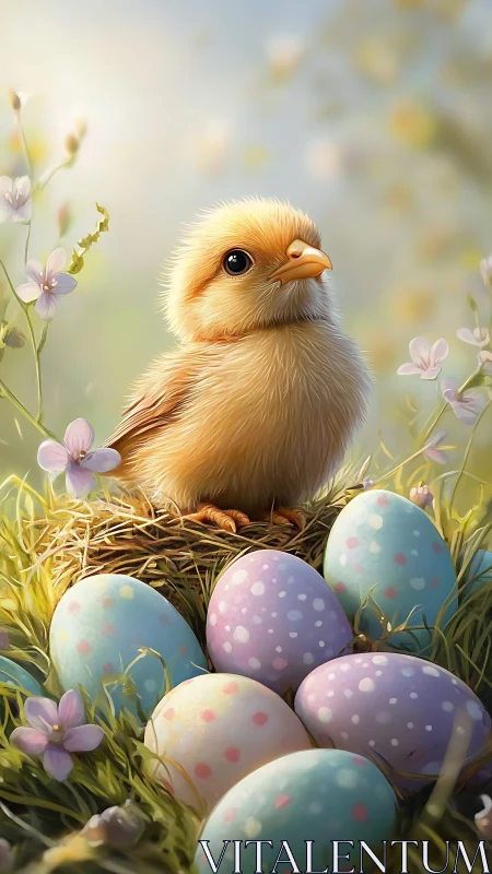 Fluffy yellow chick sits in nest amid pastel speckled eggs
