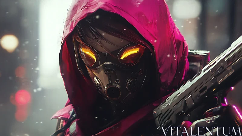 Cyberpunk assassin portrait with neon hooded visor focus.