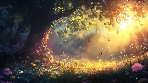 Magical Sunlit Forest Clearing with Butterflies, Digital Art Style.