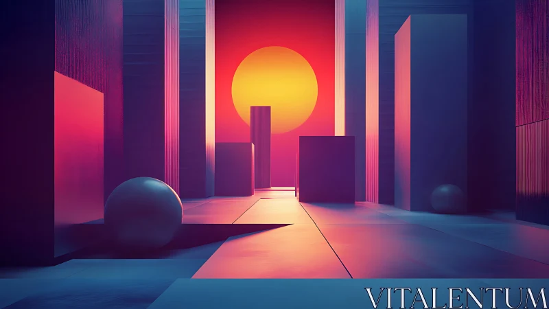Neon Urban Canyon with Oversized Sun and Geometric Forms.