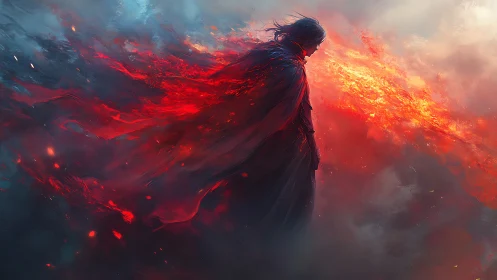 Lone fireborn wanderer amid swirling crimson tempest.