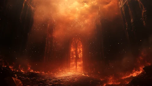 Gothic Cathedral Consumed by Infernal Flames and Ash Particles