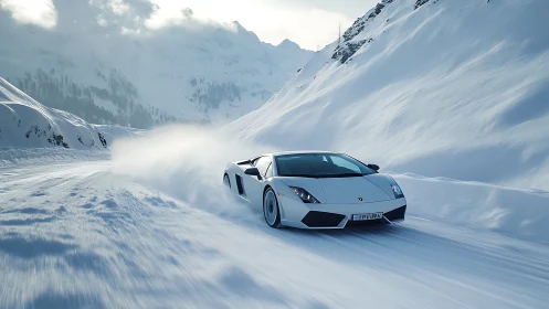 Supercar slicing through calm snow on a high mountain pass.