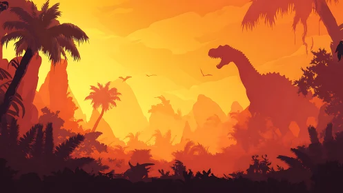 Layered tropical Jurassic valley with silhouetted sauropod forms