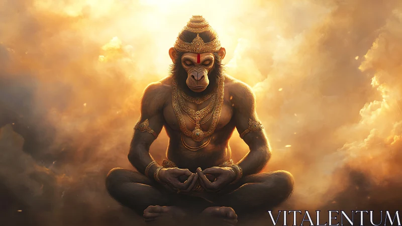 Divine warrior monkey meditating in radiant celestial light.