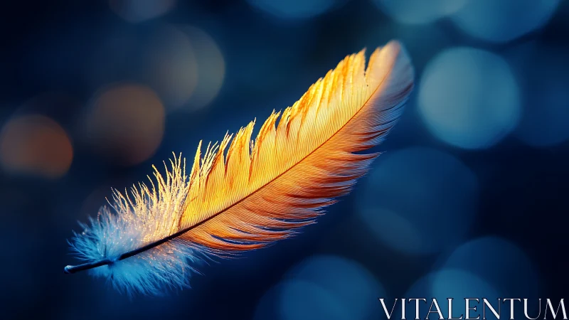 Glowing golden feather drifts softly through deep blue bokeh