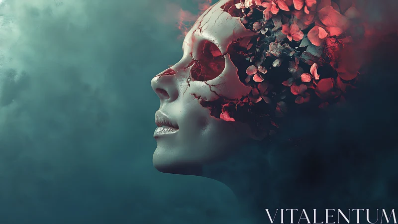 Profile view shows fragmented skull mask with floral elements