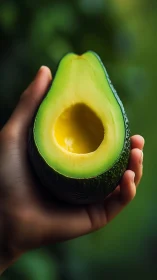 Handheld avocado half rendered in high-contrast close-up light
