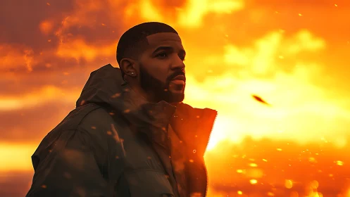 Sunlit portrait of man in parka against blazing orange sky.