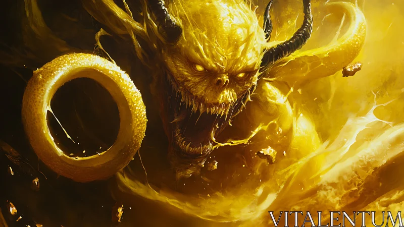 Golden horned demon roars from swirling molten light