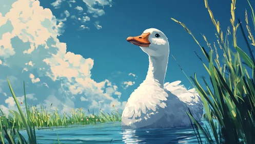 White duck gliding through reeds under vibrant summer sky.