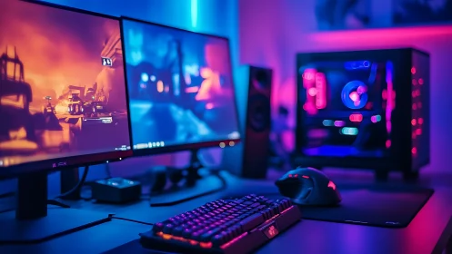 RGB gaming desk setup glows with dual monitors and PC