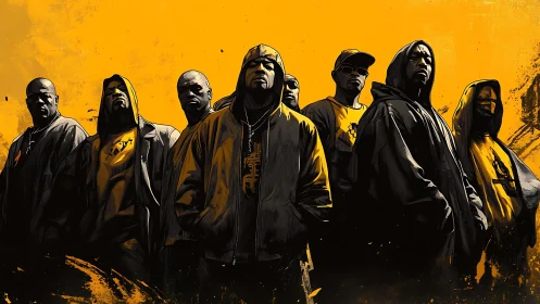 Urban hip hop crew stands under bold yellow backdrop