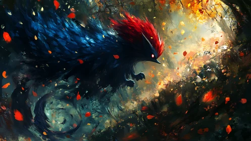 Mythic fox spirit dives through glowing autumn forest
