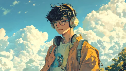 Dreamy teen with headphones stands under bright summer clouds.