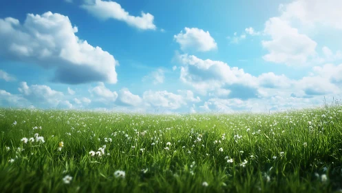 Wide grass field with wildflowers under bright cloudy sky