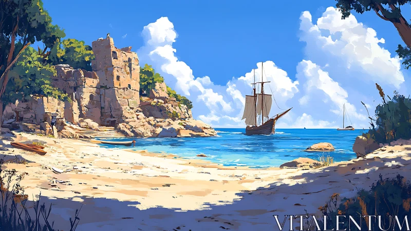 Coastal landscape with ruined fortification and anchored sailing vessel.