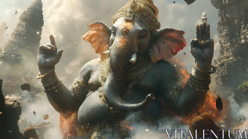 Majestic elephant deity rises in swirling sacred fire and dust