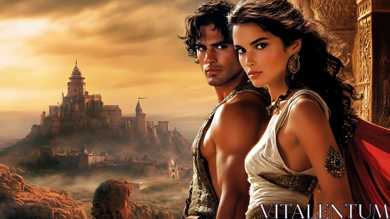 Two figures stand before fortified desert city at sunset