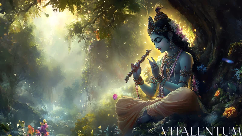 Divine blue figure playing flute in glowing forest grove.