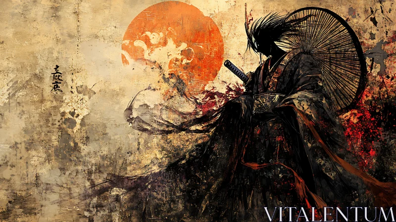 Lone samurai silhouette confronts a blazing crimson sun