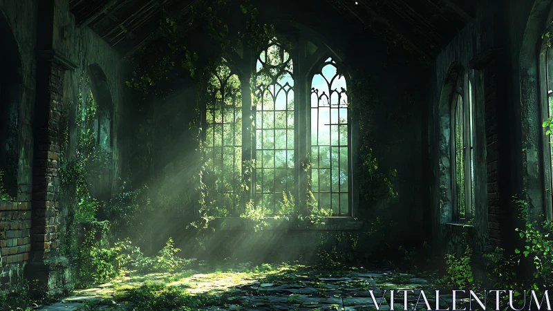 Sunlit overgrown chapel interior with gothic windows.