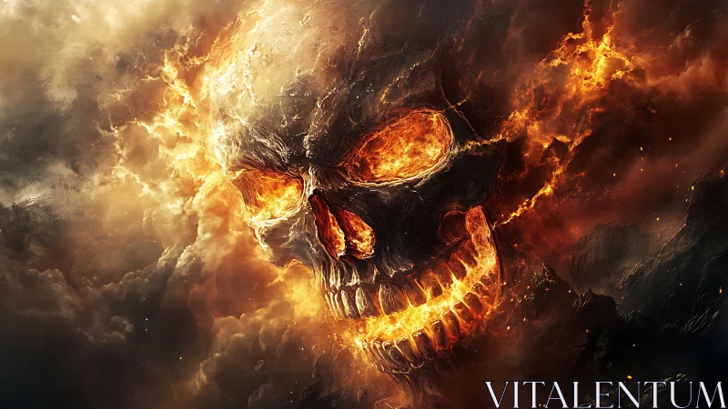 Infernal flaming skull emerging through storming cosmic fire.